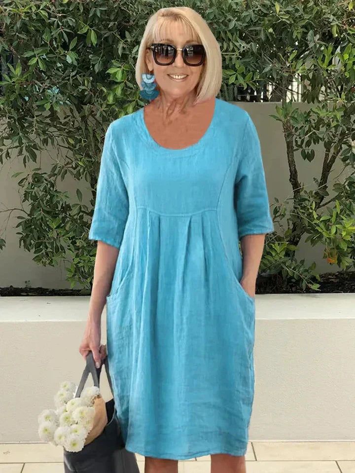 Women's Casual Dress with Elbow-Length Sleeves and Side Pockets