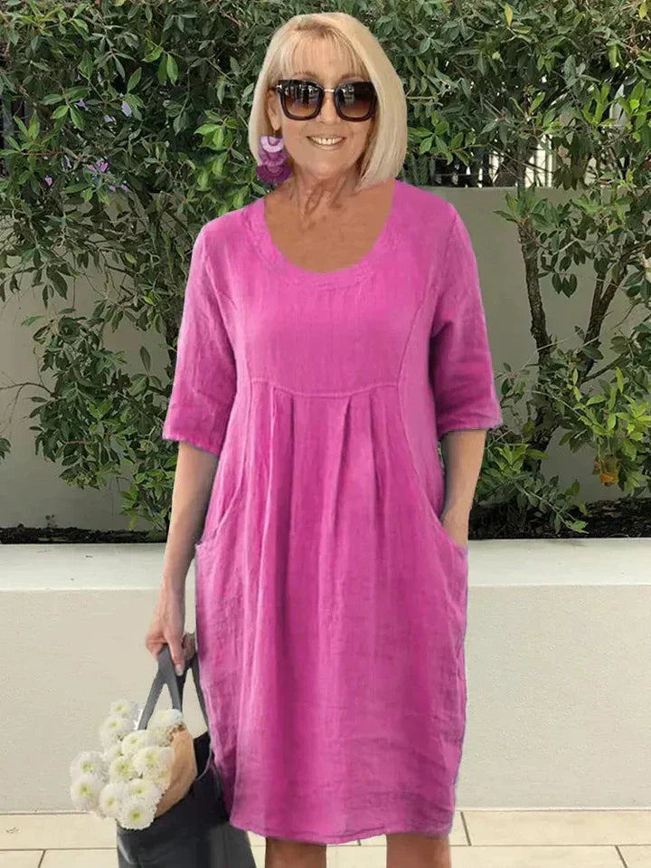 Women's Casual Dress with Elbow-Length Sleeves and Side Pockets
