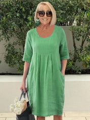 Women's Casual Dress with Elbow-Length Sleeves and Side Pockets