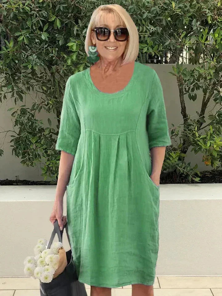 Women's Casual Dress with Elbow-Length Sleeves and Side Pockets