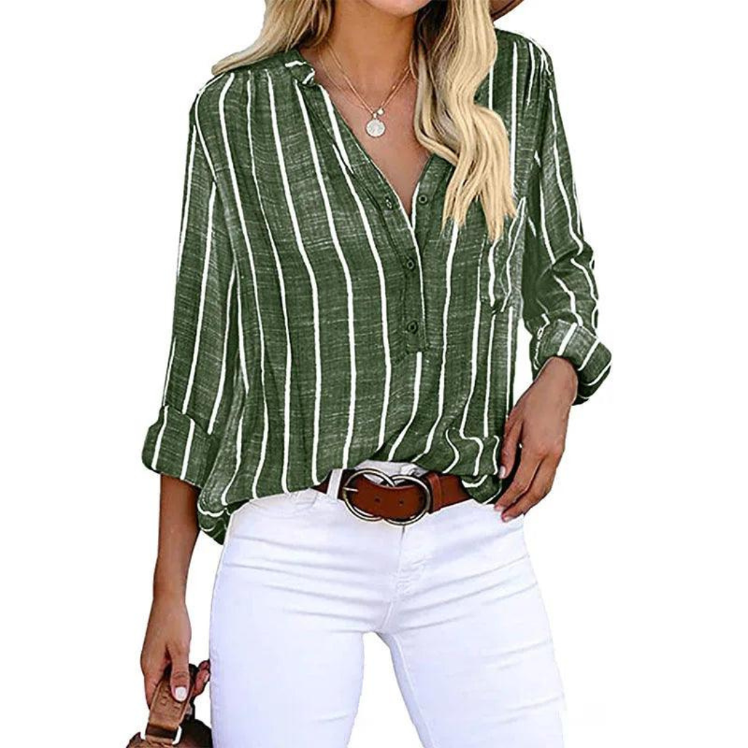 Striped long-sleeved women's blouse with V-neck and pocket