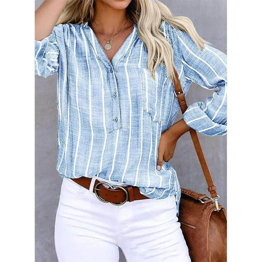 Striped long-sleeved women's blouse with V-neck and pocket