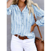 Striped long-sleeved women's blouse with V-neck and pocket