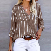 Striped long-sleeved women's blouse with V-neck and pocket