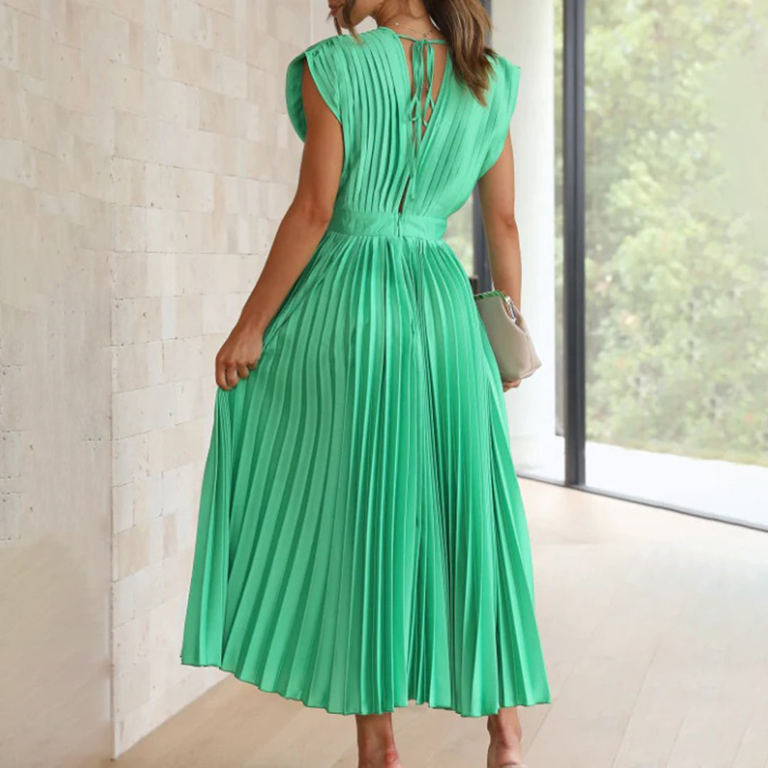 Pleated chiffon midi dress for women with a deep V-neck