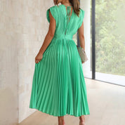 Pleated chiffon midi dress for women with a deep V-neck