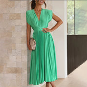 Pleated chiffon midi dress for women with a deep V-neck
