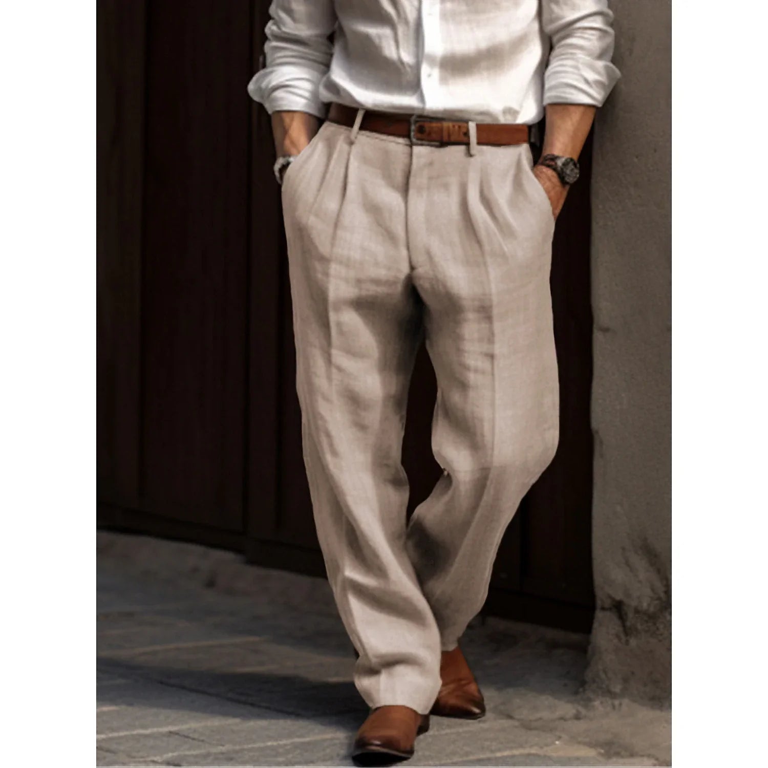 Men's linen trousers with creases and belt loops
