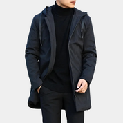 Men's long hooded coat with zipper and side pockets