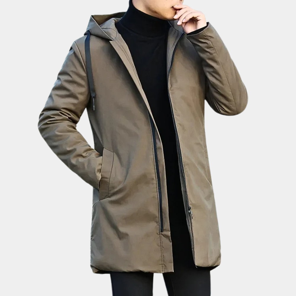 Men's long hooded coat with zipper and side pockets