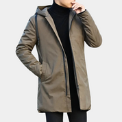 Men's long hooded coat with zipper and side pockets