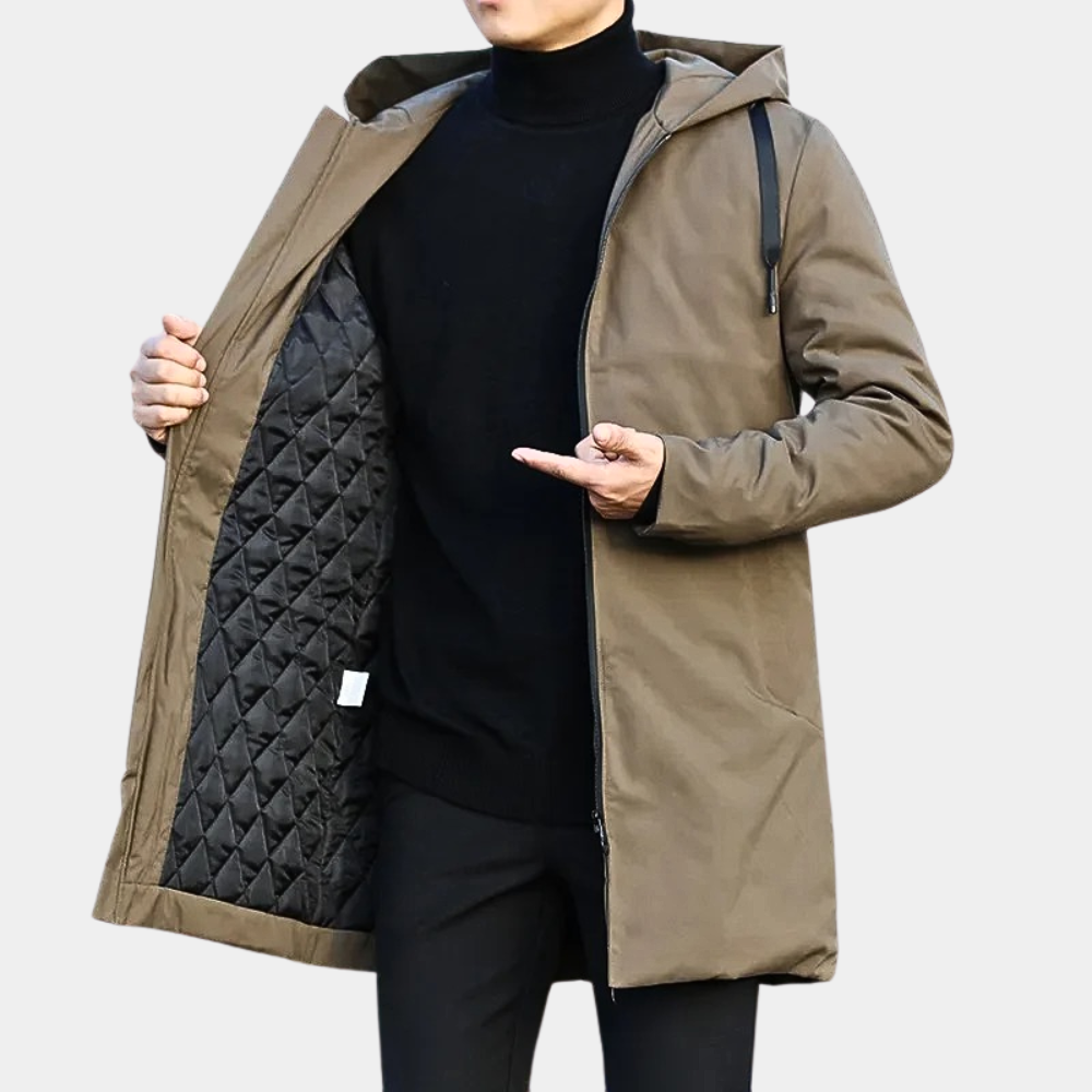 Men's long hooded coat with zipper and side pockets