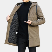 Men's long hooded coat with zipper and side pockets