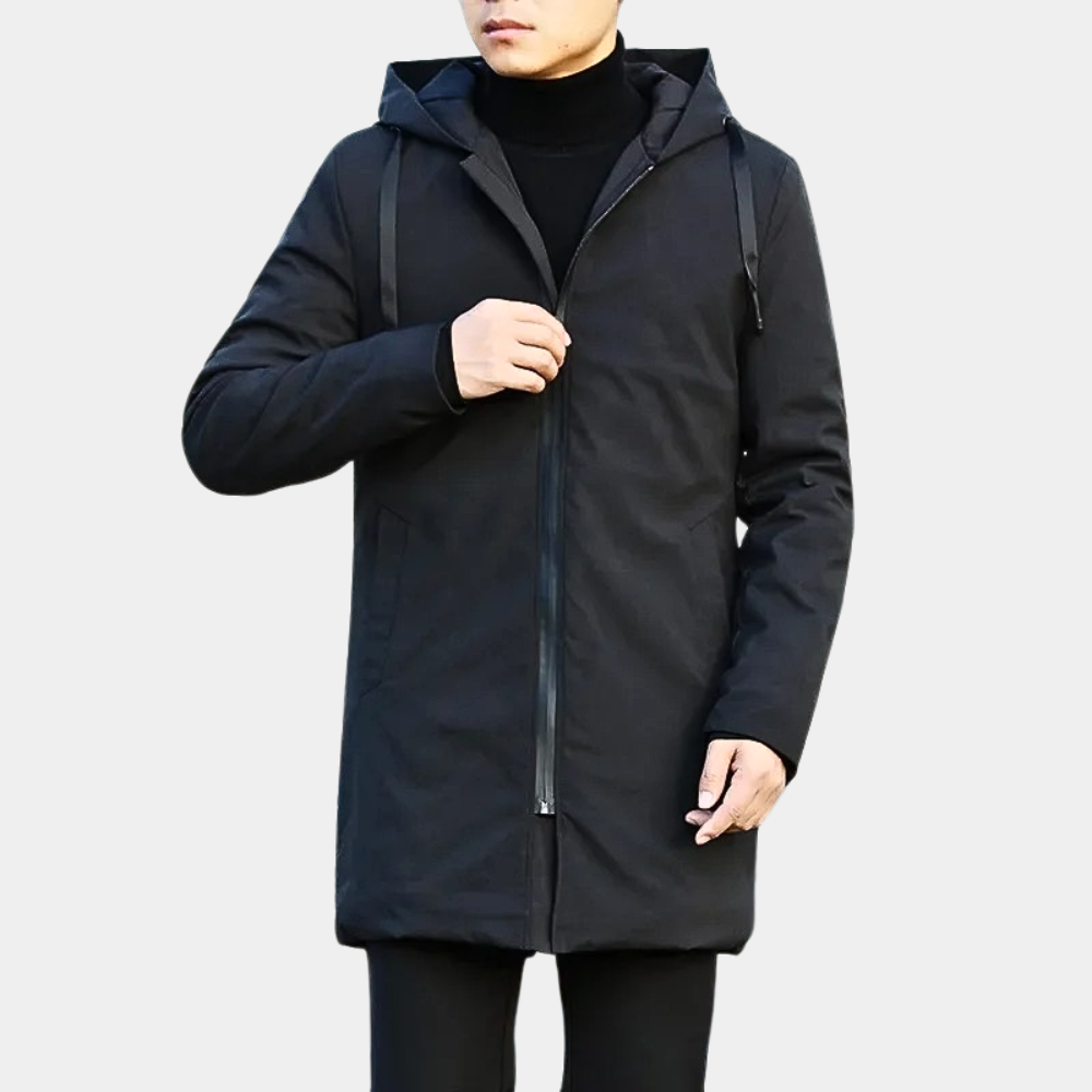 Men's long hooded coat with zipper and side pockets