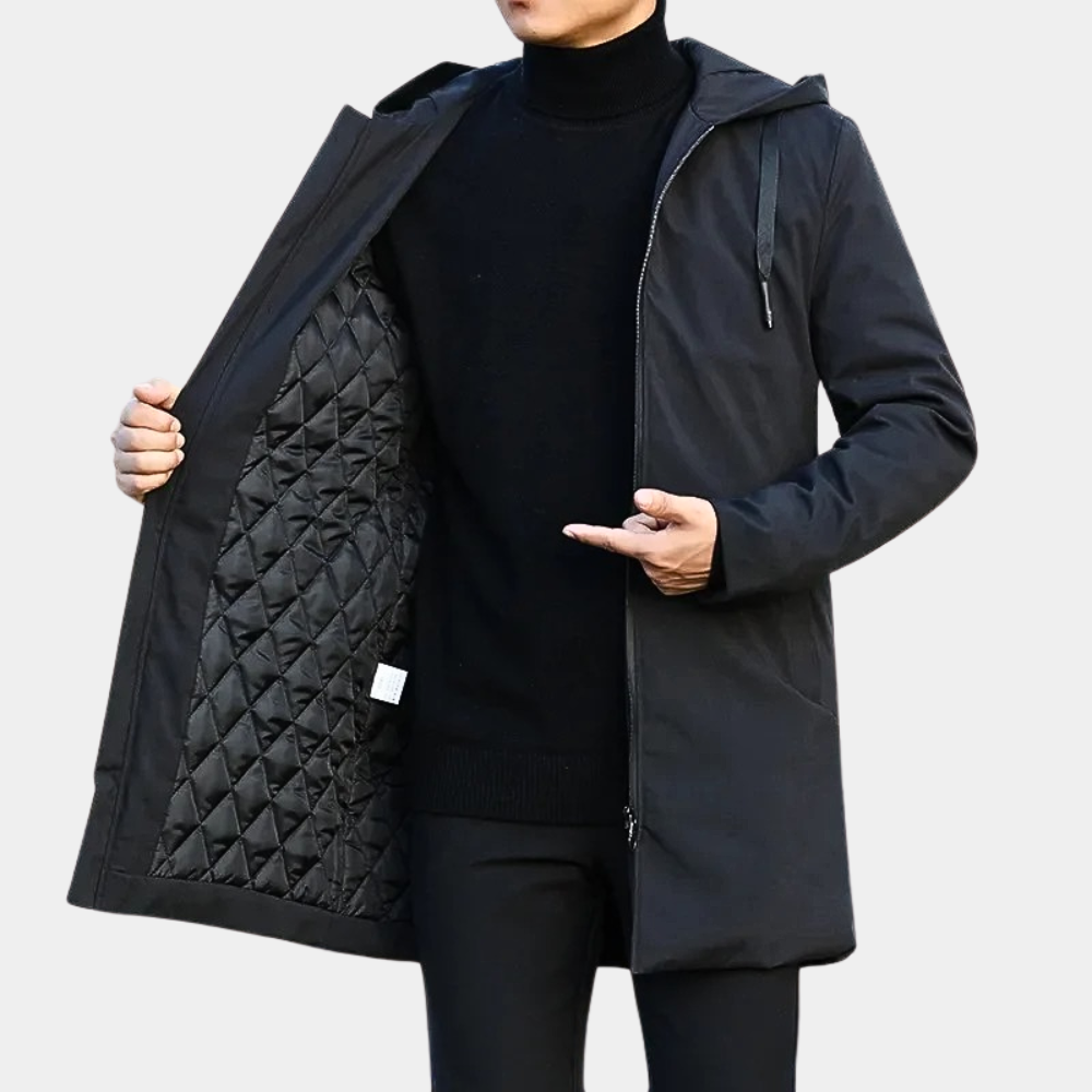 Men's long hooded coat with zipper and side pockets