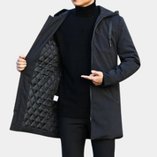 Men's long hooded coat with zipper and side pockets