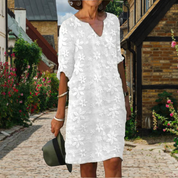 Knee-length summer dress for women with floral pattern and V-neck