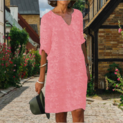 Knee-length summer dress for women with floral pattern and V-neck