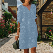 Knee-length summer dress for women with floral pattern and V-neck