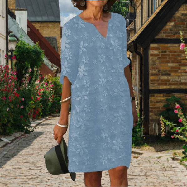 Knee-length summer dress for women with floral pattern and V-neck