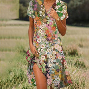 Short-sleeved women's summer dress with V-neck and prints