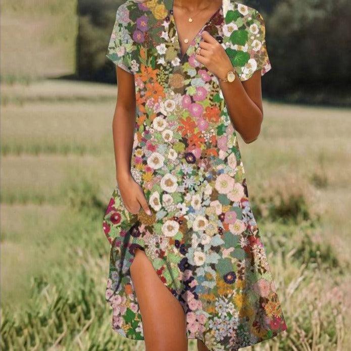 Short-sleeved women's summer dress with V-neck and prints
