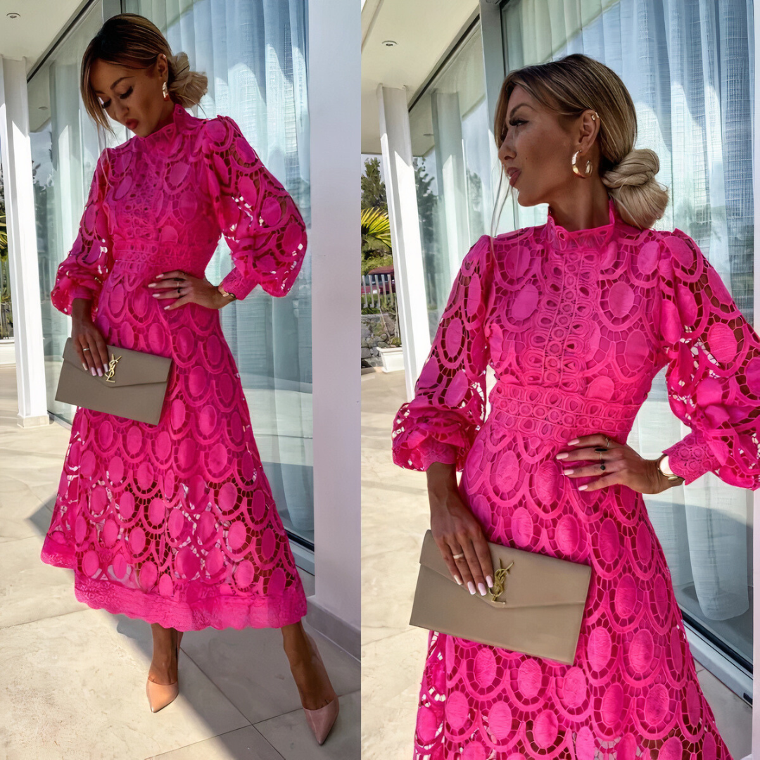 Women's lace midi dress with long sleeves and stand-up collar