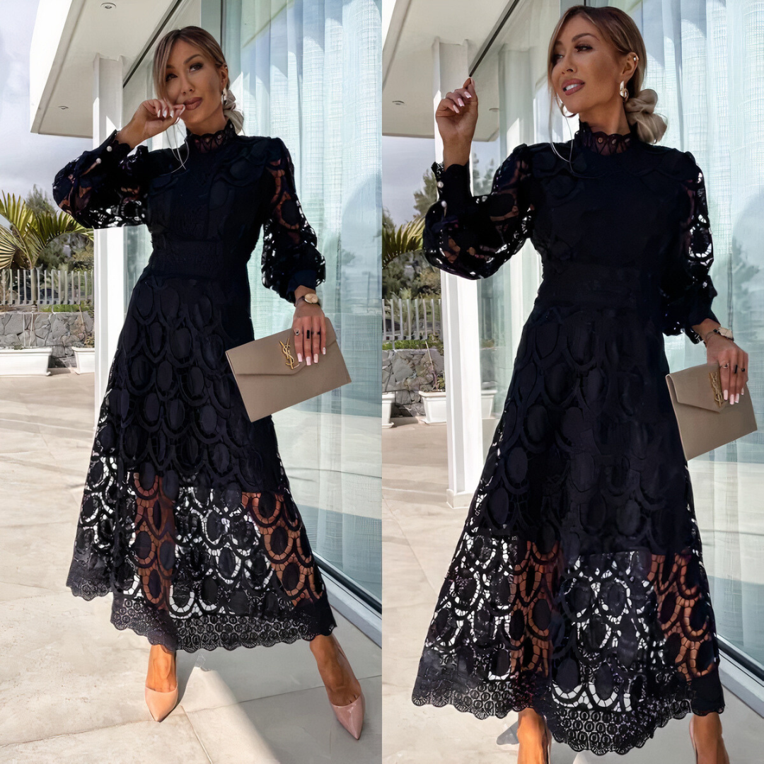 Women's lace midi dress with long sleeves and stand-up collar