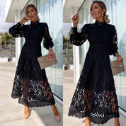 Women's lace midi dress with long sleeves and stand-up collar