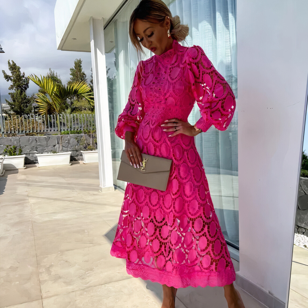Women's lace midi dress with long sleeves and stand-up collar