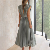 Pleated chiffon midi dress for women with a deep V-neck