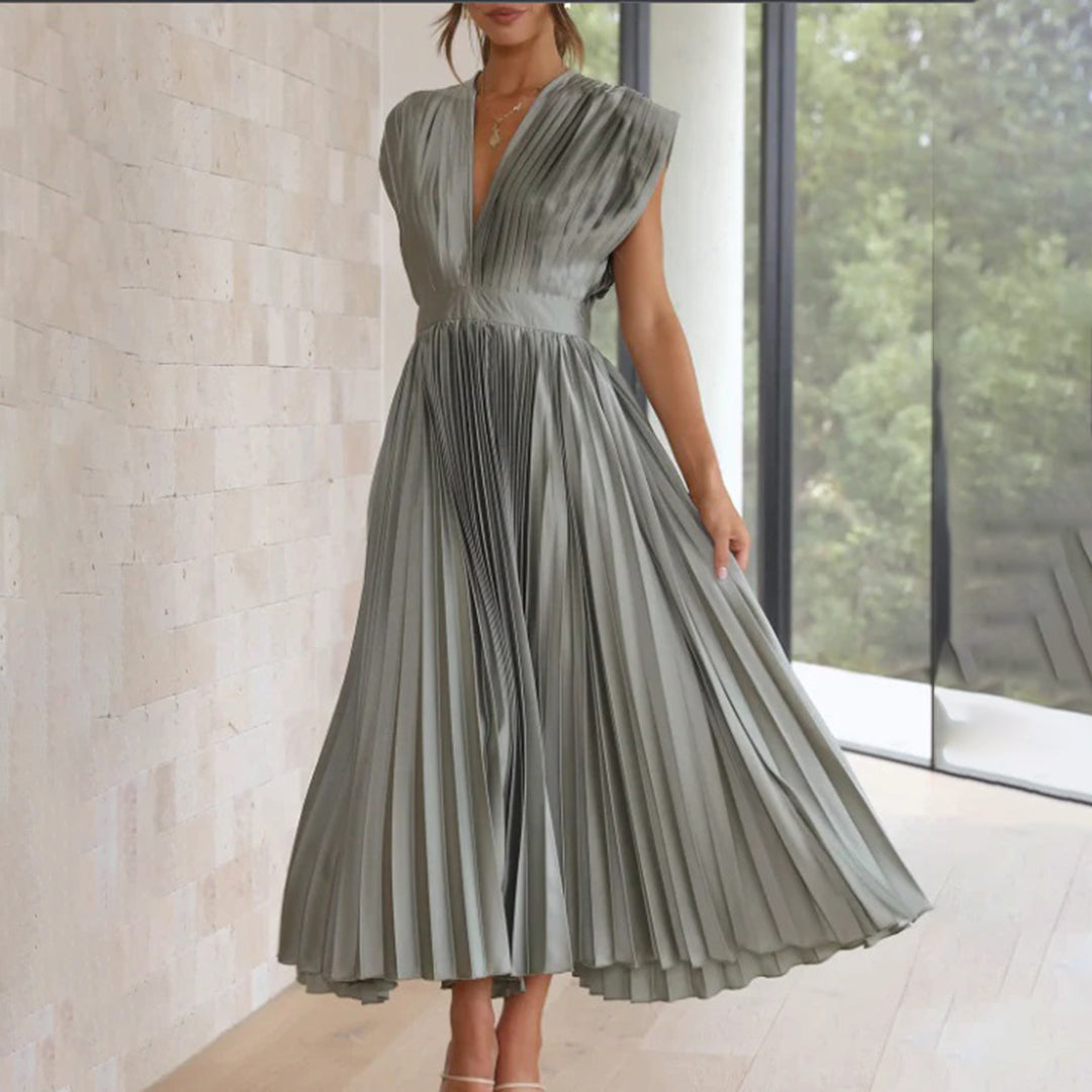 Pleated chiffon midi dress for women with a deep V-neck