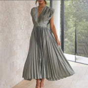 Pleated chiffon midi dress for women with a deep V-neck