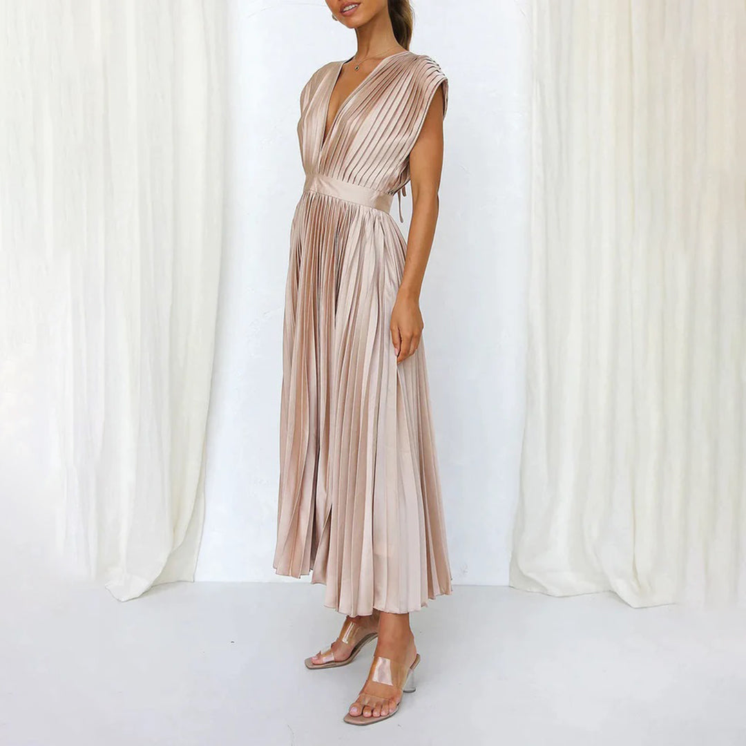 Pleated chiffon midi dress for women with a deep V-neck