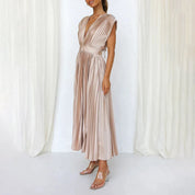Pleated chiffon midi dress for women with a deep V-neck