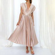 Pleated chiffon midi dress for women with a deep V-neck