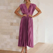 Pleated chiffon midi dress for women with a deep V-neck