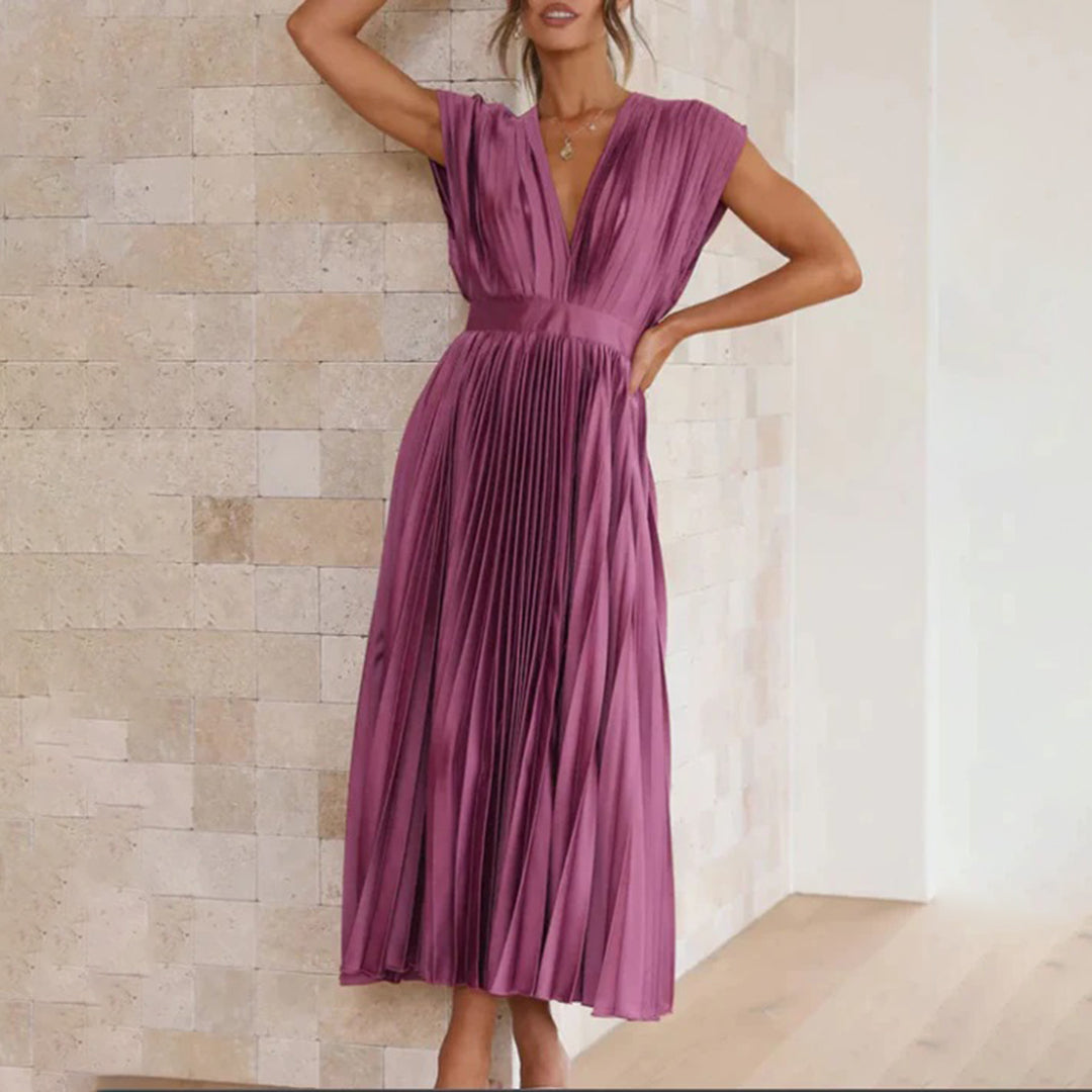 Pleated chiffon midi dress for women with a deep V-neck