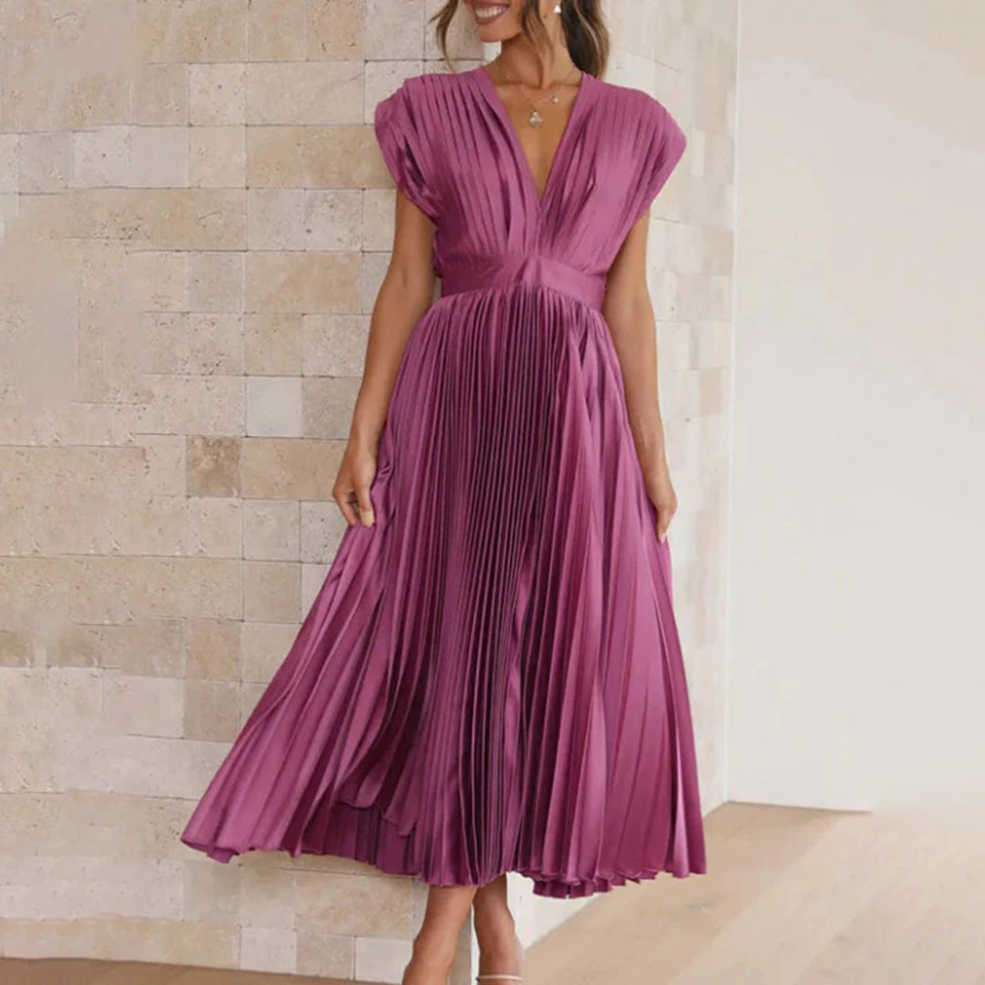 Pleated chiffon midi dress for women with a deep V-neck