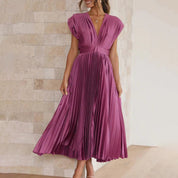 Pleated chiffon midi dress for women with a deep V-neck