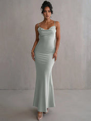 Satin maxi dress for women with back cutout and waterfall neckline for evening wear
