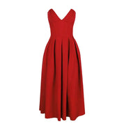 Women's midi dress in red polyester blend fabric with pleats and strapless neckline