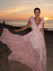 Backless maxi dress for women with ruffles and floral pattern