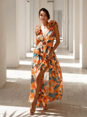 Backless maxi dress for women with ruffles and floral pattern