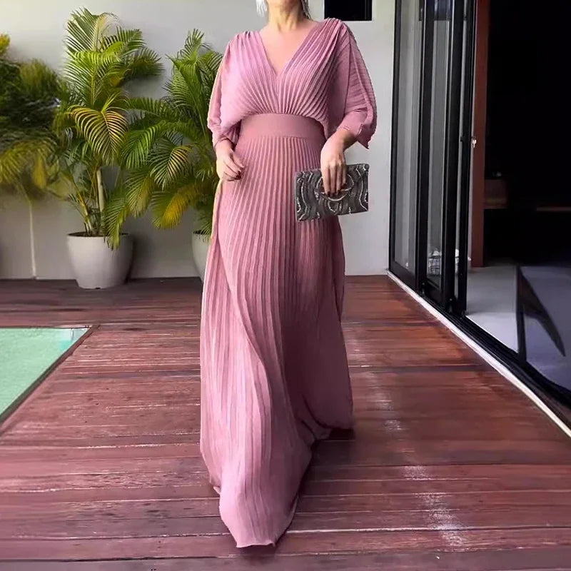 Pleated chiffon maxi dress for women with a V-neck and batwing sleeves