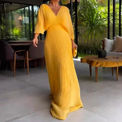 Pleated chiffon maxi dress for women with a V-neck and batwing sleeves
