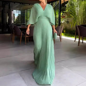 Pleated chiffon maxi dress for women with a V-neck and batwing sleeves