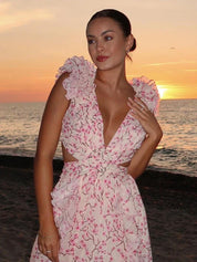Backless maxi dress for women with ruffles and floral pattern