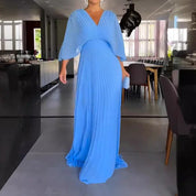 Pleated chiffon maxi dress for women with a V-neck and batwing sleeves