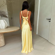Formal maxi dress for women with cut-out waist and satin finish